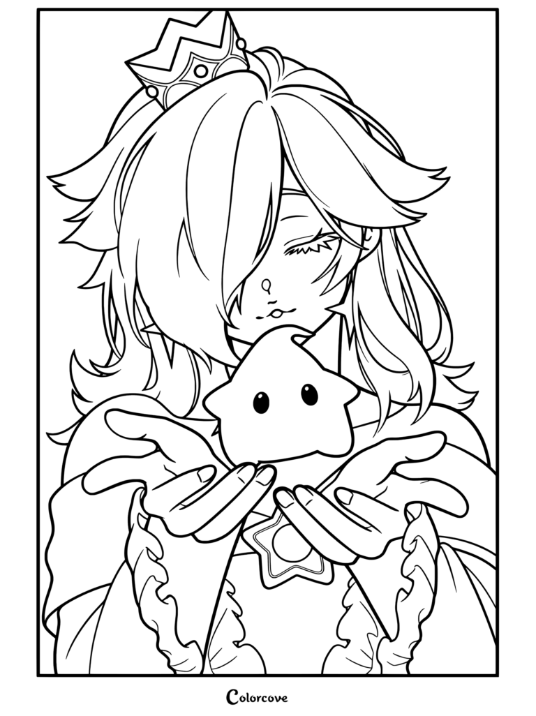 Dibujo para colorear gratuito imprimible de Rosalina sosteniendo un Destello brillante cerca de su rostro con tierno afecto bajo un cielo estrellado
