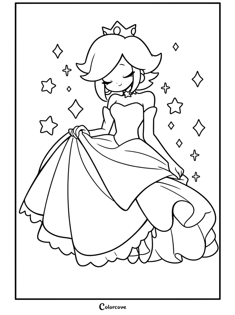Dibujo para colorear imprimible de Rosalina sosteniendo su falda con los ojos cerrados, sonriendo, vistiendo un vestido cian y tiara mientras está rodeada de destellos.