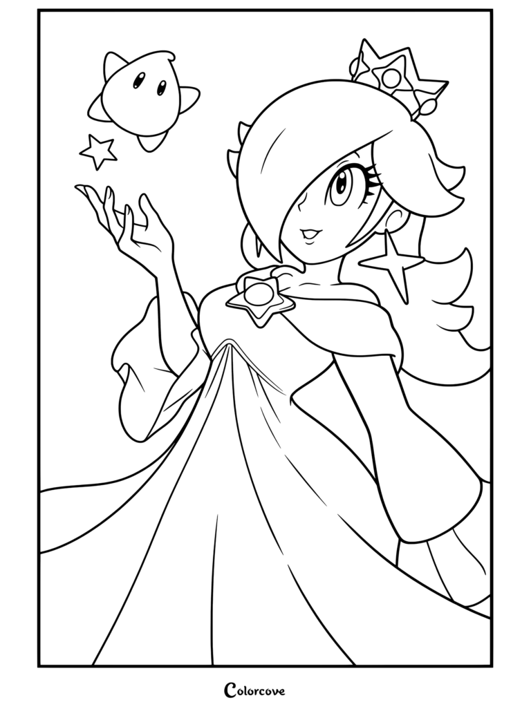 Dibujo para colorear de Rosalina sosteniendo un Destello en el espacio exterior rodeada de estrellas y vistiendo un vestido azul claro