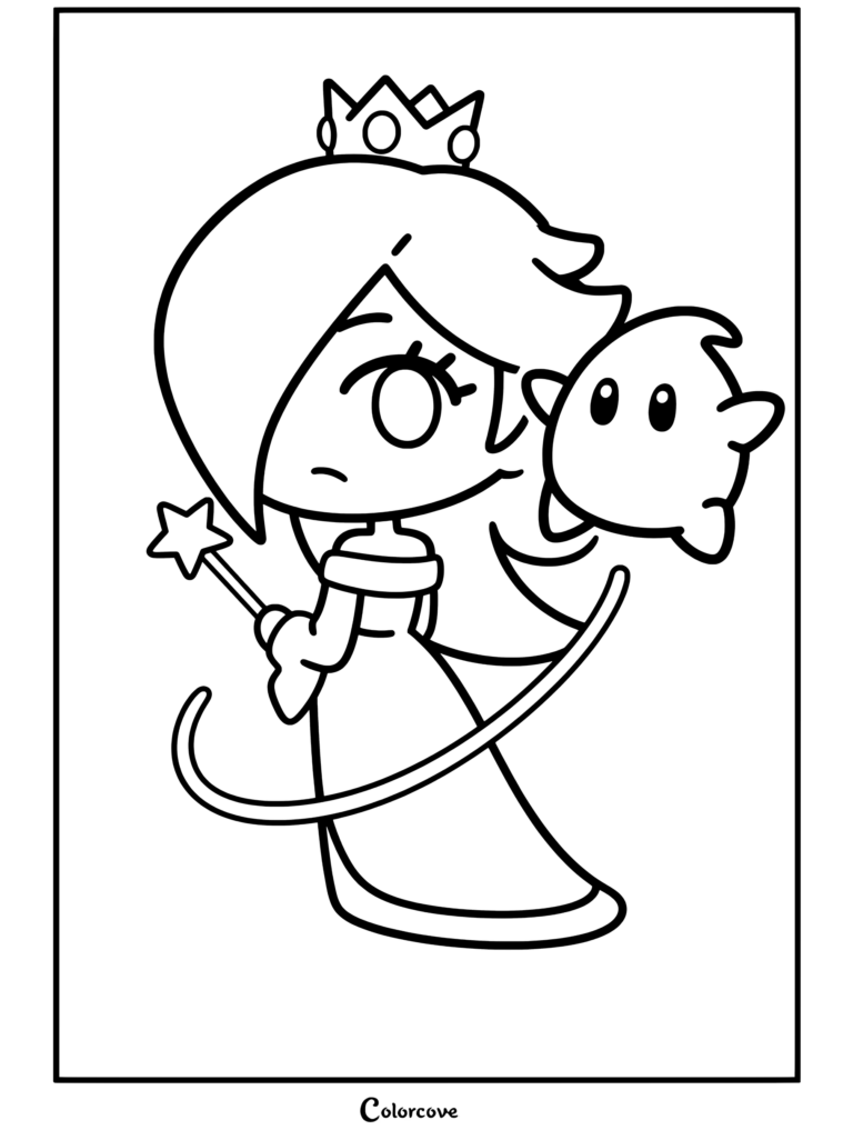 Dibujo para colorear gratuito imprimible de Rosalina sosteniendo una varita mágica y un Destello brillante en estilo chibi, con su corona y un rastro de luz amarilla en espiral.