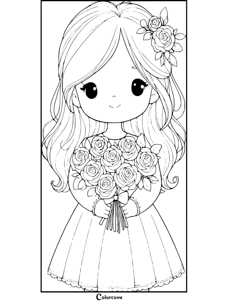 A cute chibi girl holding a large bouquet of roses with a rose hair accessory in this free printable coloring page.