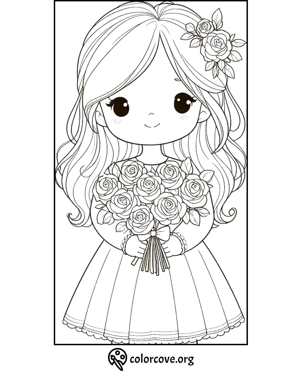 Cute girl holding a bouquet of roses coloring page from ColorCove, perfect for kids and adults to color and enjoy.