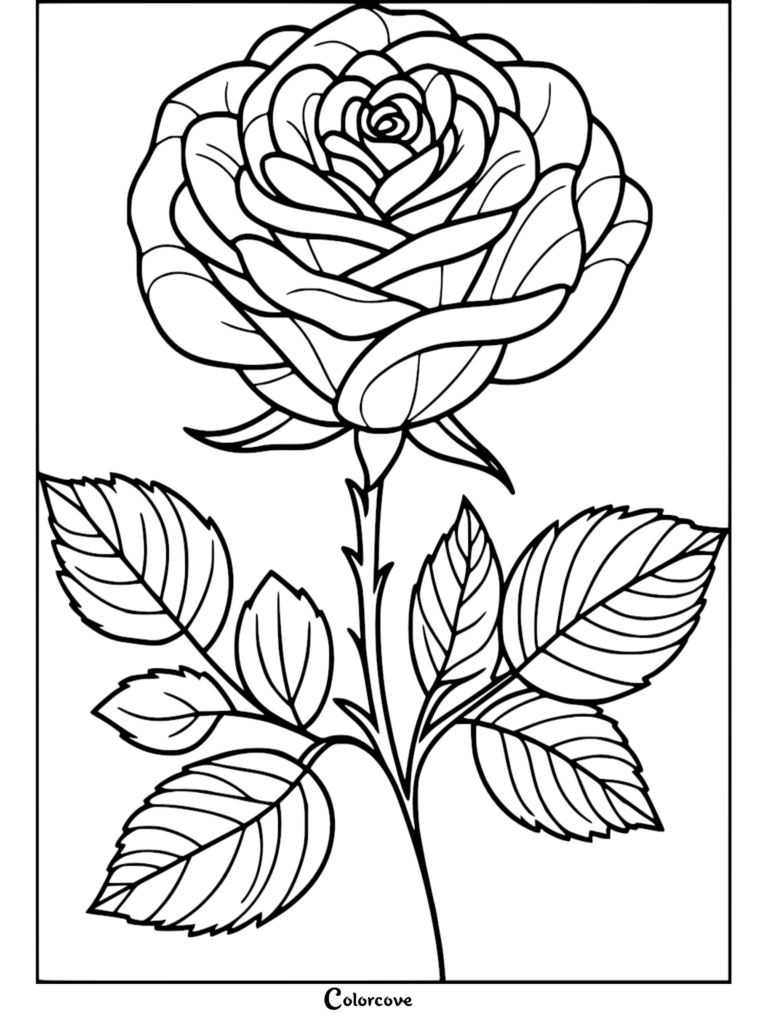 A detailed rose coloring page featuring a single blooming flower with layered petals, a thorny stem, and five distinct leaves.