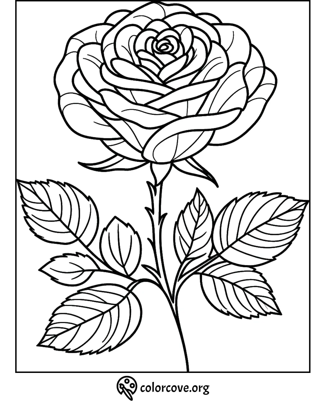 Black and white rose coloring page with detailed leaves for kids and adults to color. Visit colorcove.org for more pages.