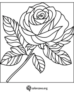 Rose coloring page with leaves and stem, ready to print and color for relaxation and creativity.