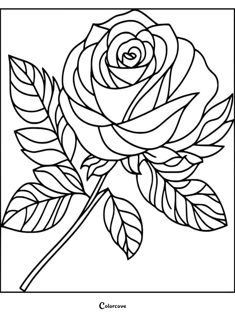 A detailed rose coloring page featuring a single blooming flower with large leaves and a thick stem.
