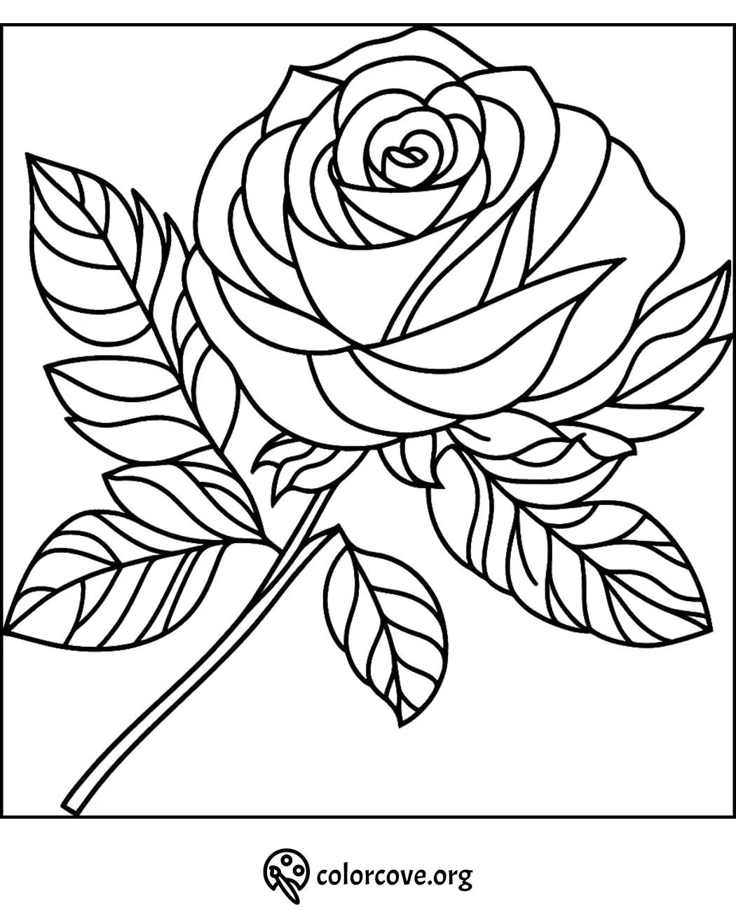 Rose coloring page with leaves and stem, ready to print and color for relaxation and creativity.