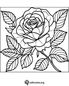 Coloring page of a detailed rose blossom with leaves, printable flower art for kids and adults at colorcove.org.