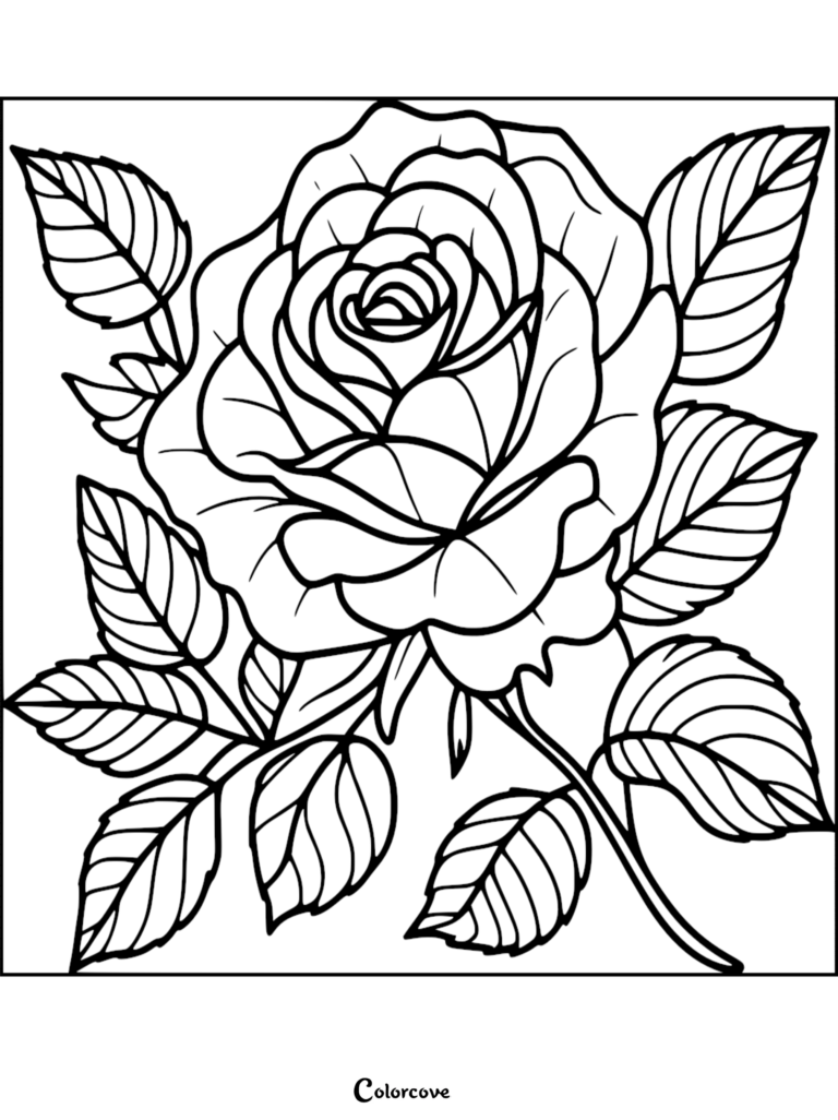A detailed rose coloring page featuring a large blooming flower with thick outlines and surrounding leaves.