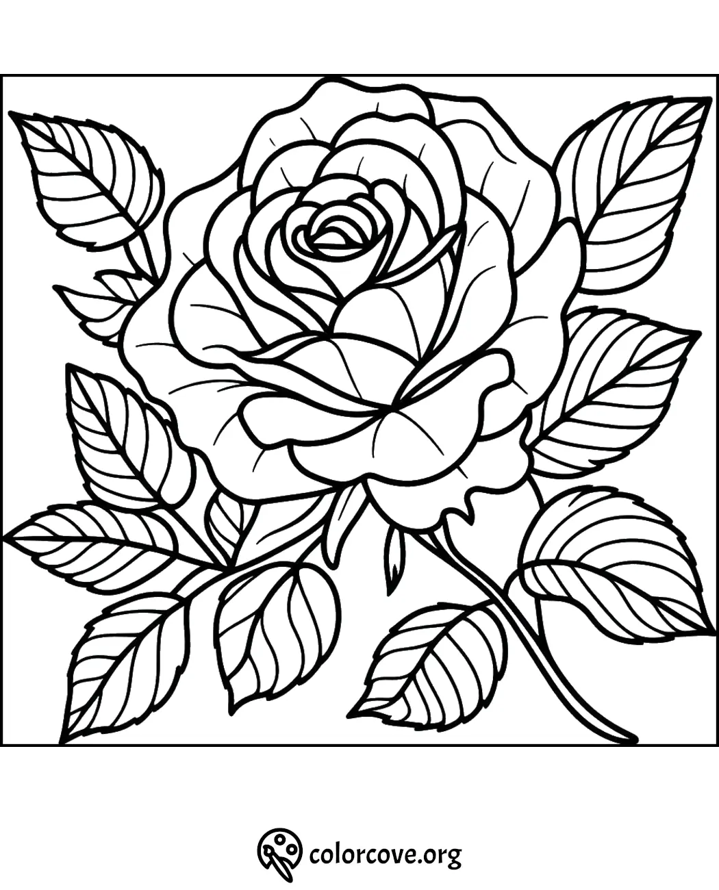 Coloring page of a detailed rose blossom with leaves, printable flower art for kids and adults at colorcove.org.