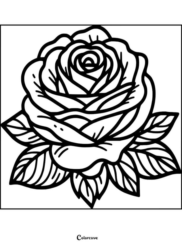 A bold line art rose coloring page featuring a large, blooming flower with detailed petals and surrounding leaves.