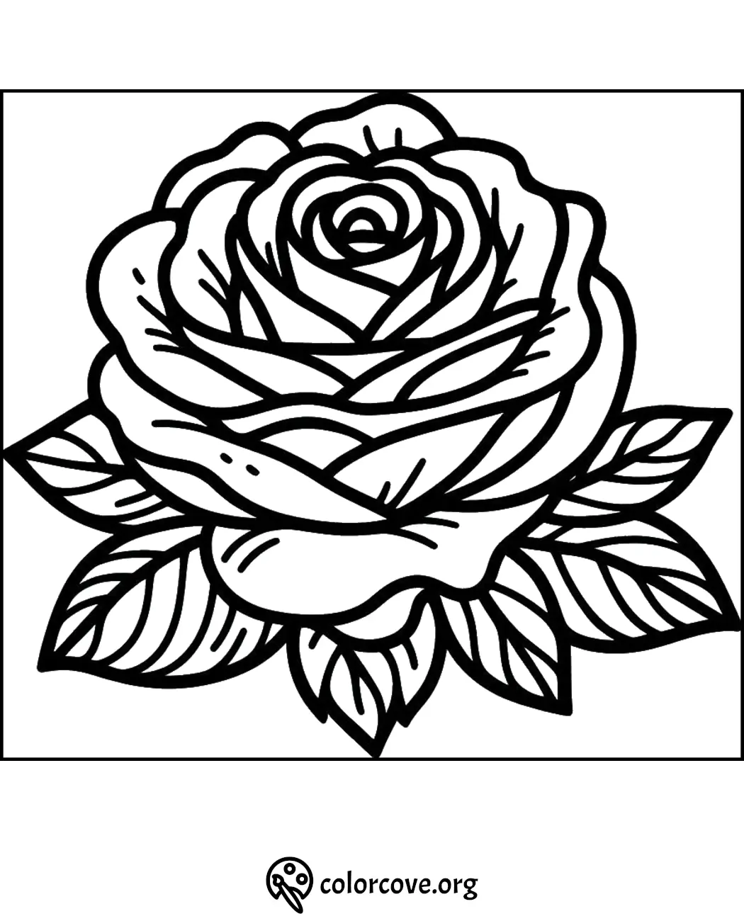 Rose coloring page with intricate leaf details | Free printable rose coloring sheet from colorcove.org