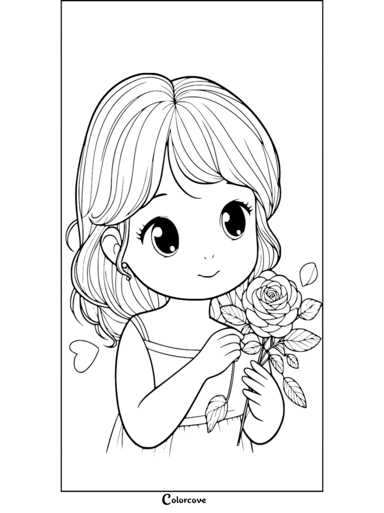 A cute anime girl holding a blooming rose in this free printable coloring page.