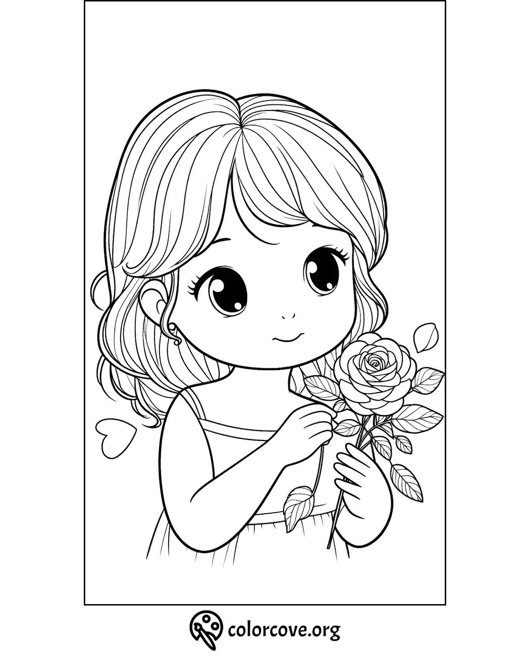 Coloring page of a cute girl holding a rose, ideal for kids and adults looking to enjoy and create art.