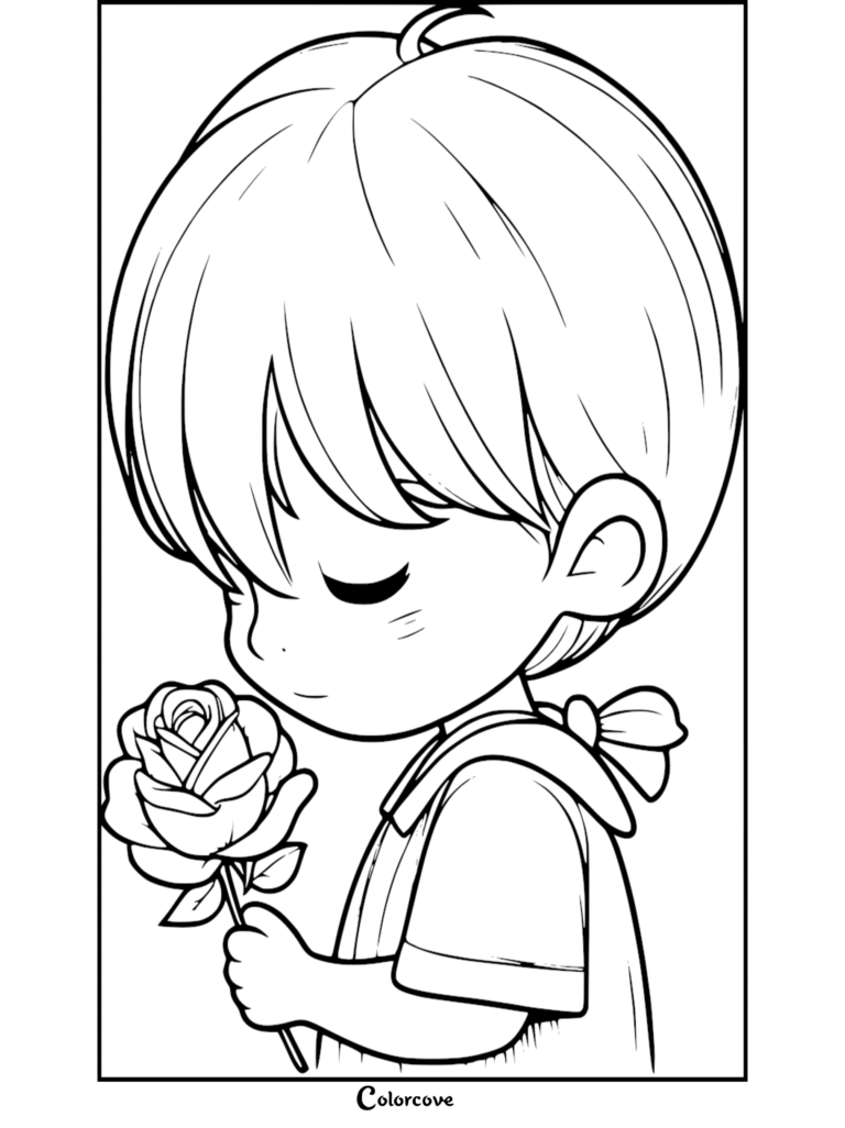 A cute chibi boy with short hair holding a single rose in this free printable coloring page.