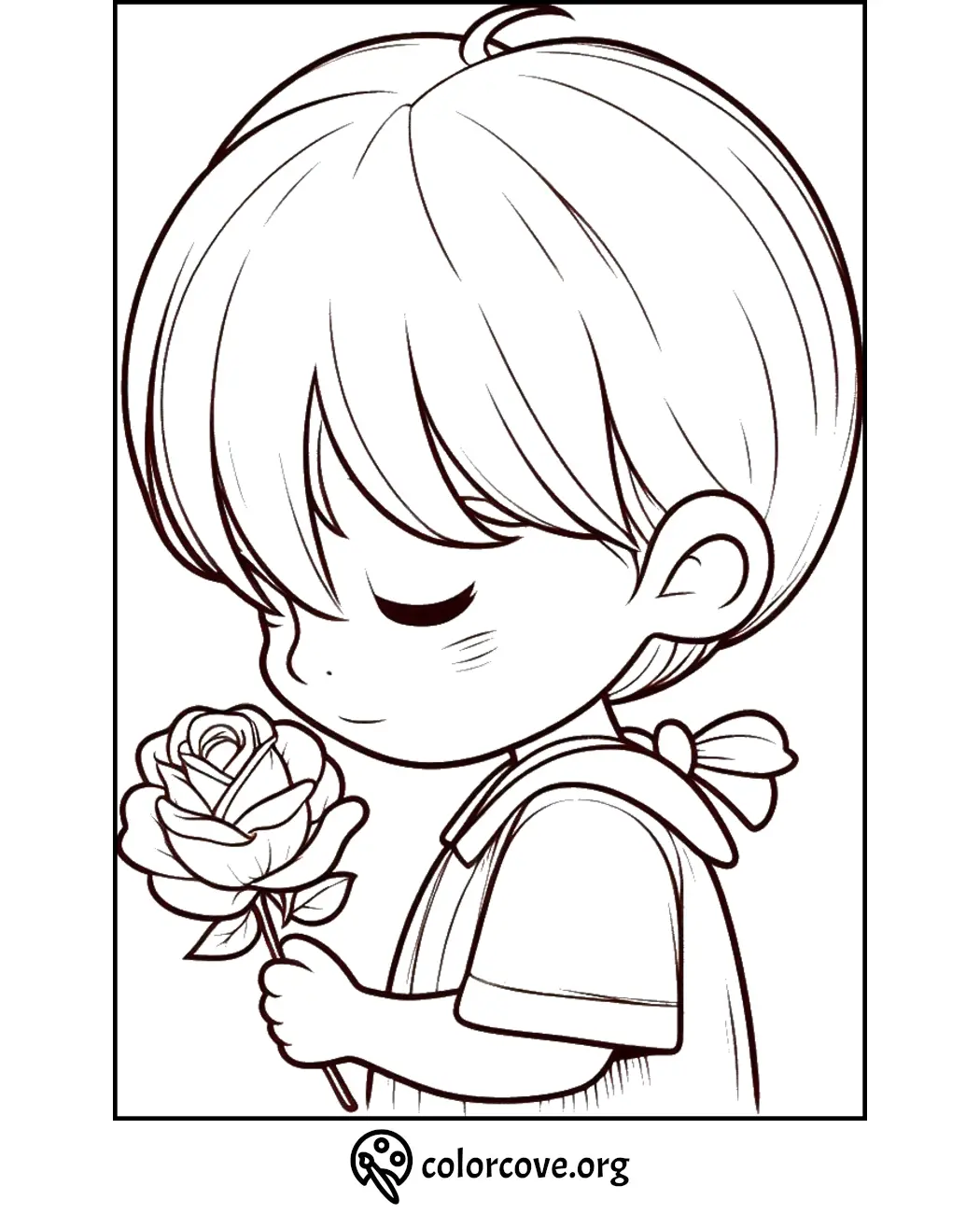 Coloring page featuring a cute child holding a rose, perfect for kids' art activities. Download at colorcove.org.