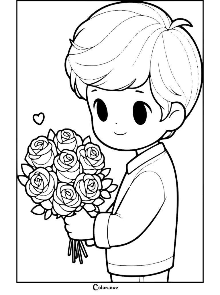 A cute chibi boy holding a bouquet of roses in this free printable coloring page.
