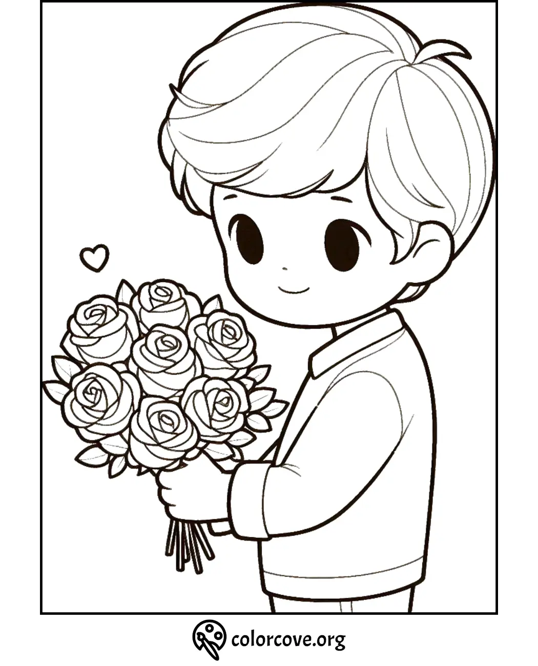 Adorable coloring page of a young boy holding a bouquet of roses with a small heart next to him. Perfect for kids.