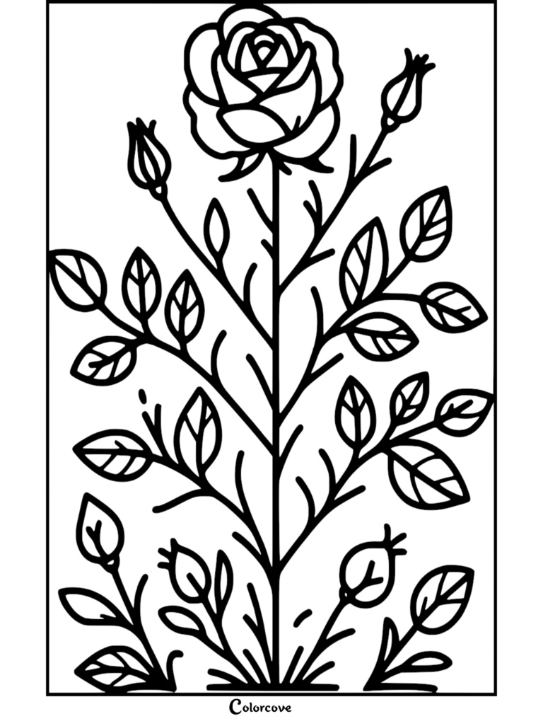 A detailed rose coloring page featuring a central blooming rose with multiple buds and symmetrical leaves on a stem.