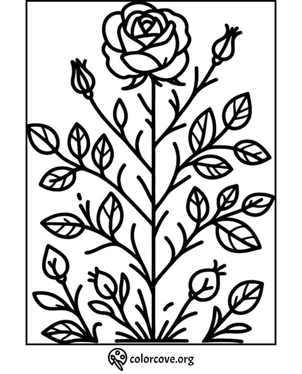 Coloring page featuring a detailed rose flower with leaves and buds, designed for relaxation and creativity at colorcove.org.