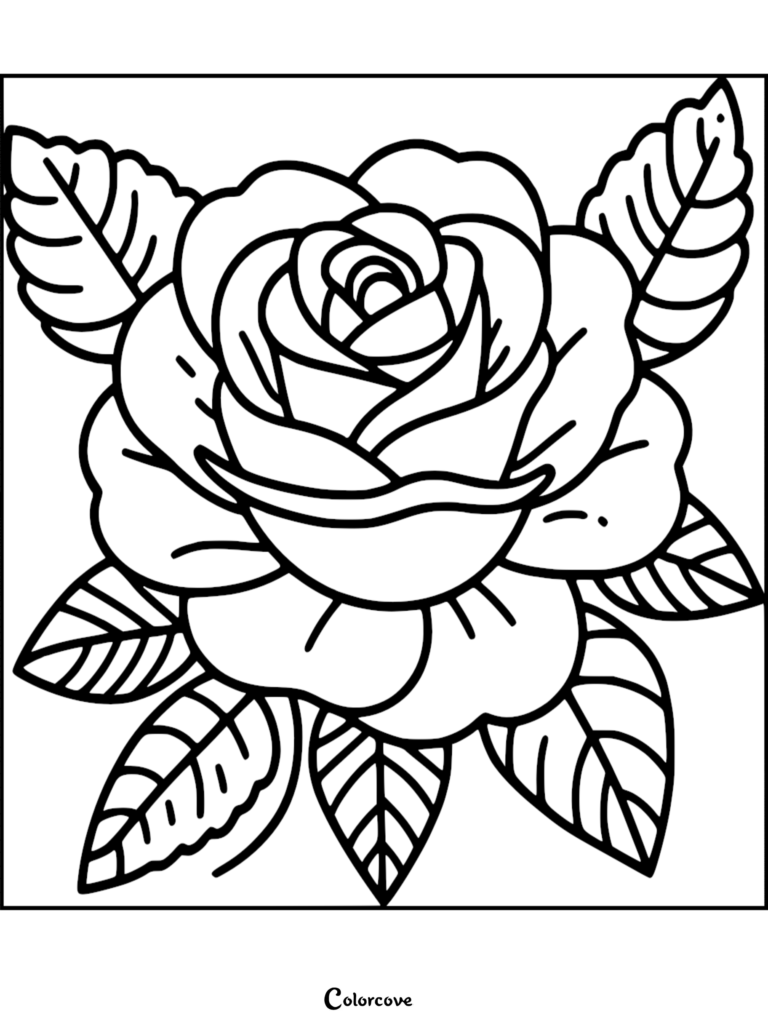 A bold line art rose coloring page featuring a large blooming flower surrounded by five detailed leaves.