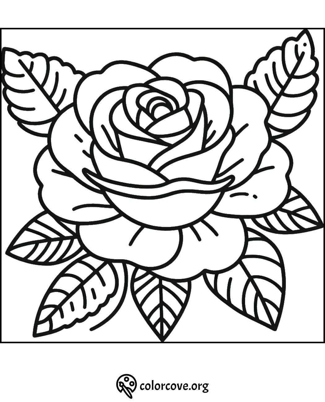 Black and white rose coloring page with detailed leaves. Perfect for kids and adults. Free download at colorcove.org.