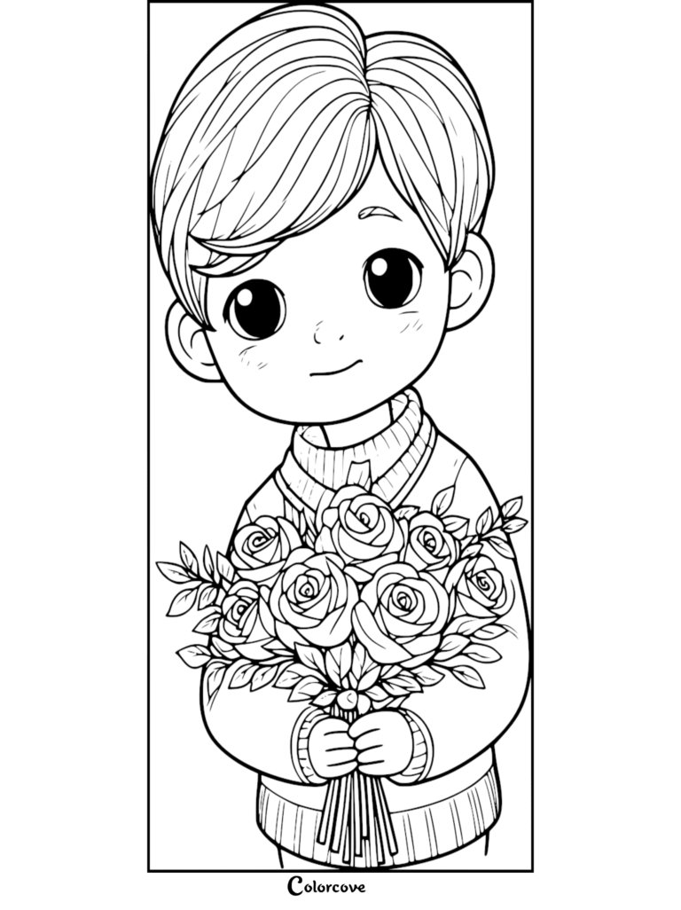 A cute boy in a sweater holding a bouquet of roses in this printable coloring page.