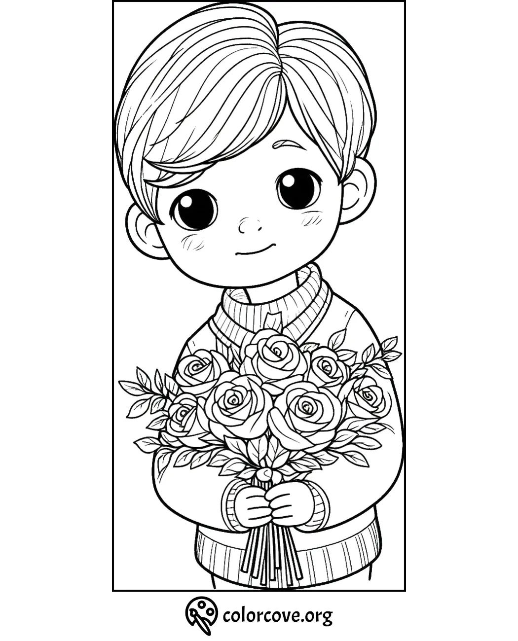 Coloring page of a child holding a bouquet of roses, wearing a sweater and smiling. From colorcove.org.