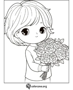 Cute coloring page of a cartoon child holding a bouquet of roses. Perfect for kids' activities and creative coloring fun.
