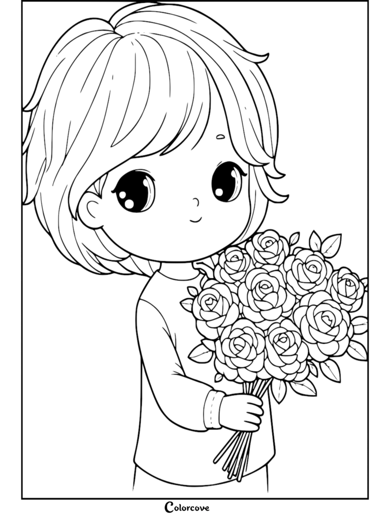 A cute chibi character holding a large bouquet of roses in this free printable coloring page.