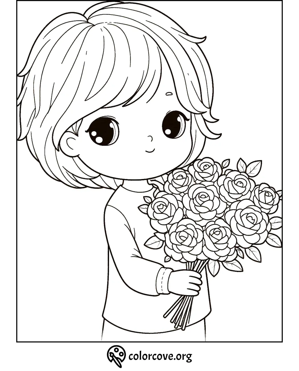 Cute coloring page of a cartoon child holding a bouquet of roses. Perfect for kids' activities and creative coloring fun.