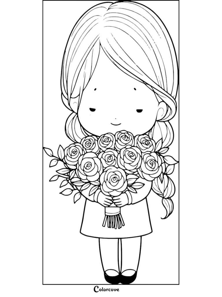 A cute girl holding a large bouquet of roses in this free printable coloring page.