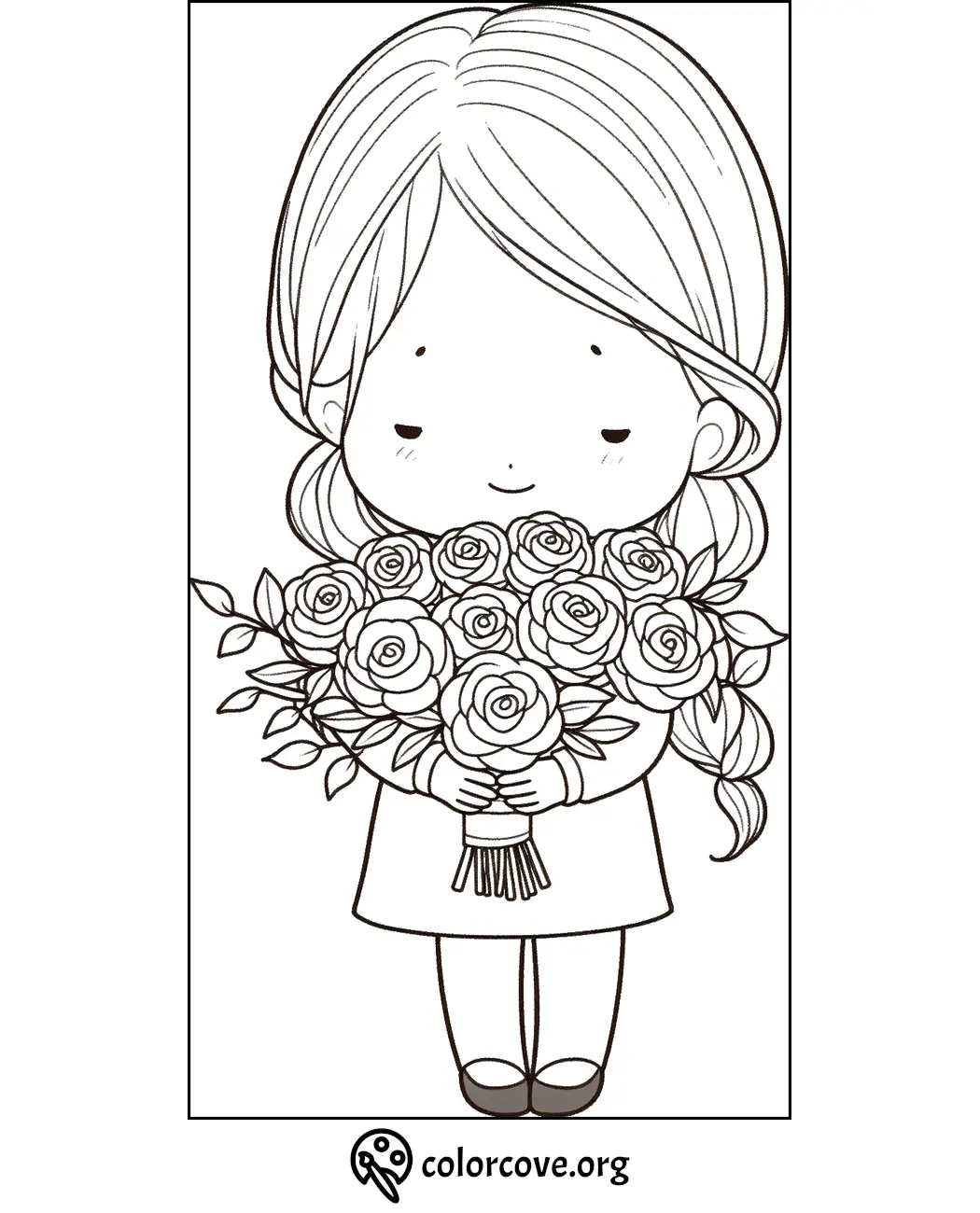 Cute girl with pigtails holding a big bouquet of roses, coloring page for kids by colorcove.org.