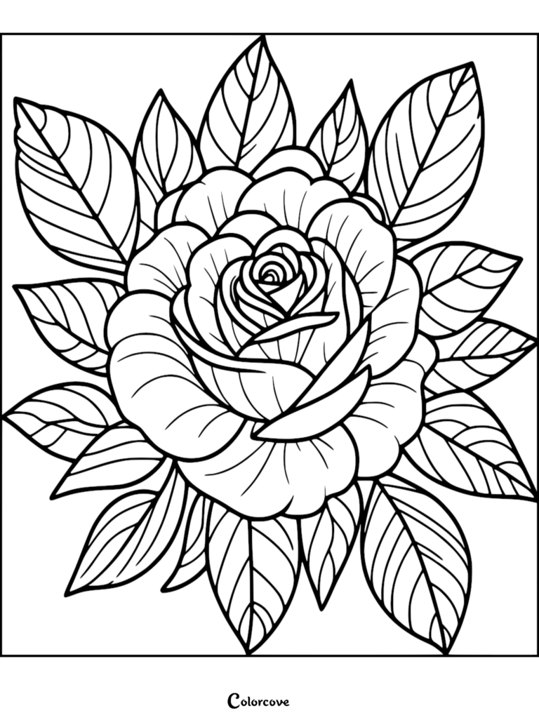 A detailed rose coloring page featuring a large central bloom surrounded by numerous pointed leaves.