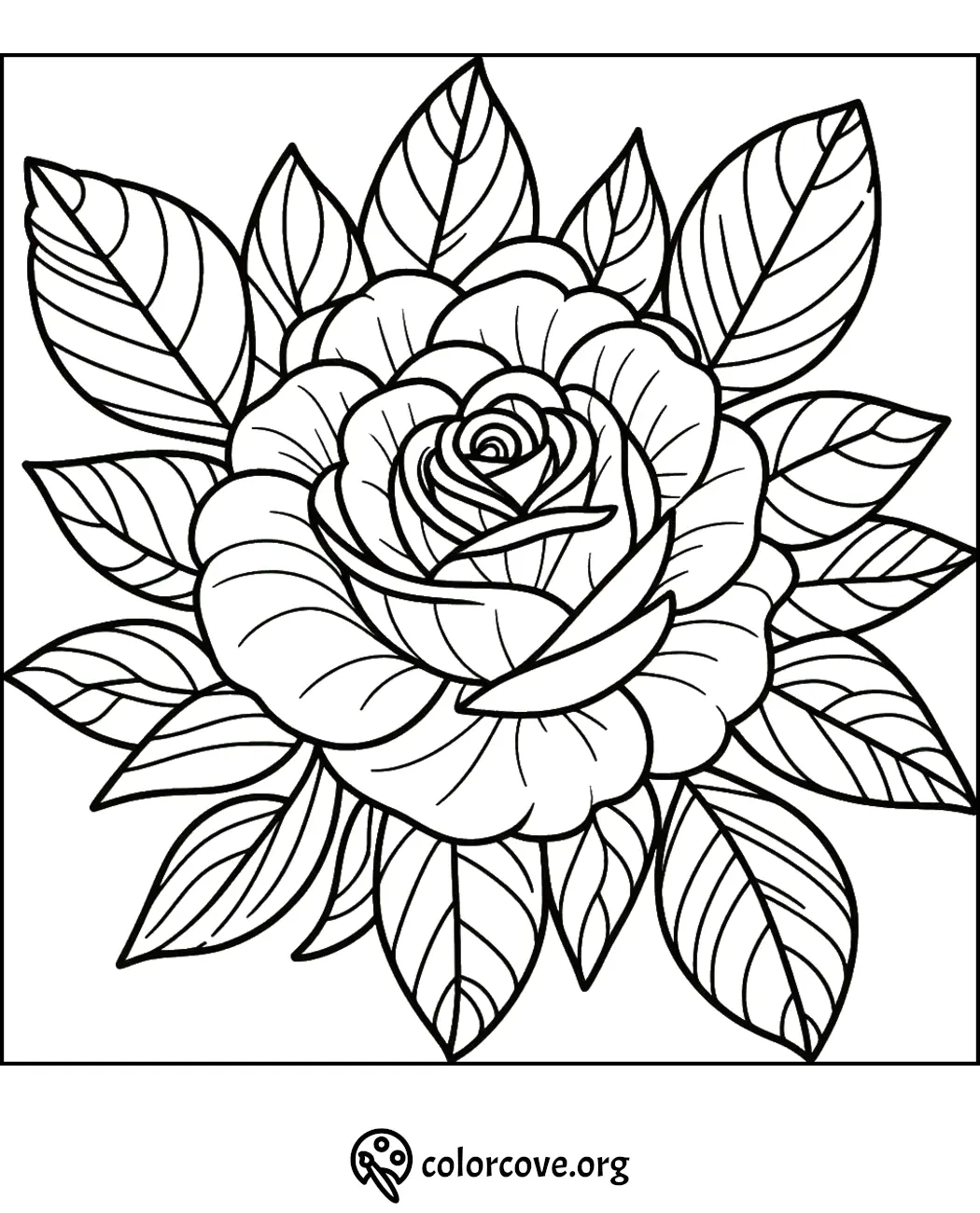 Rose flower coloring page with detailed leaves, perfect for relaxation and creative coloring activities.