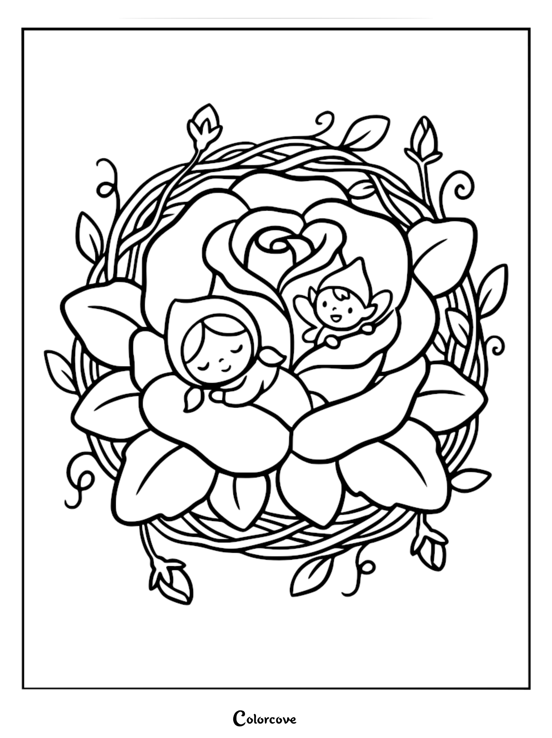 Two tiny fairies resting inside a large blooming rose surrounded by a woven nest of vines in this printable coloring page.