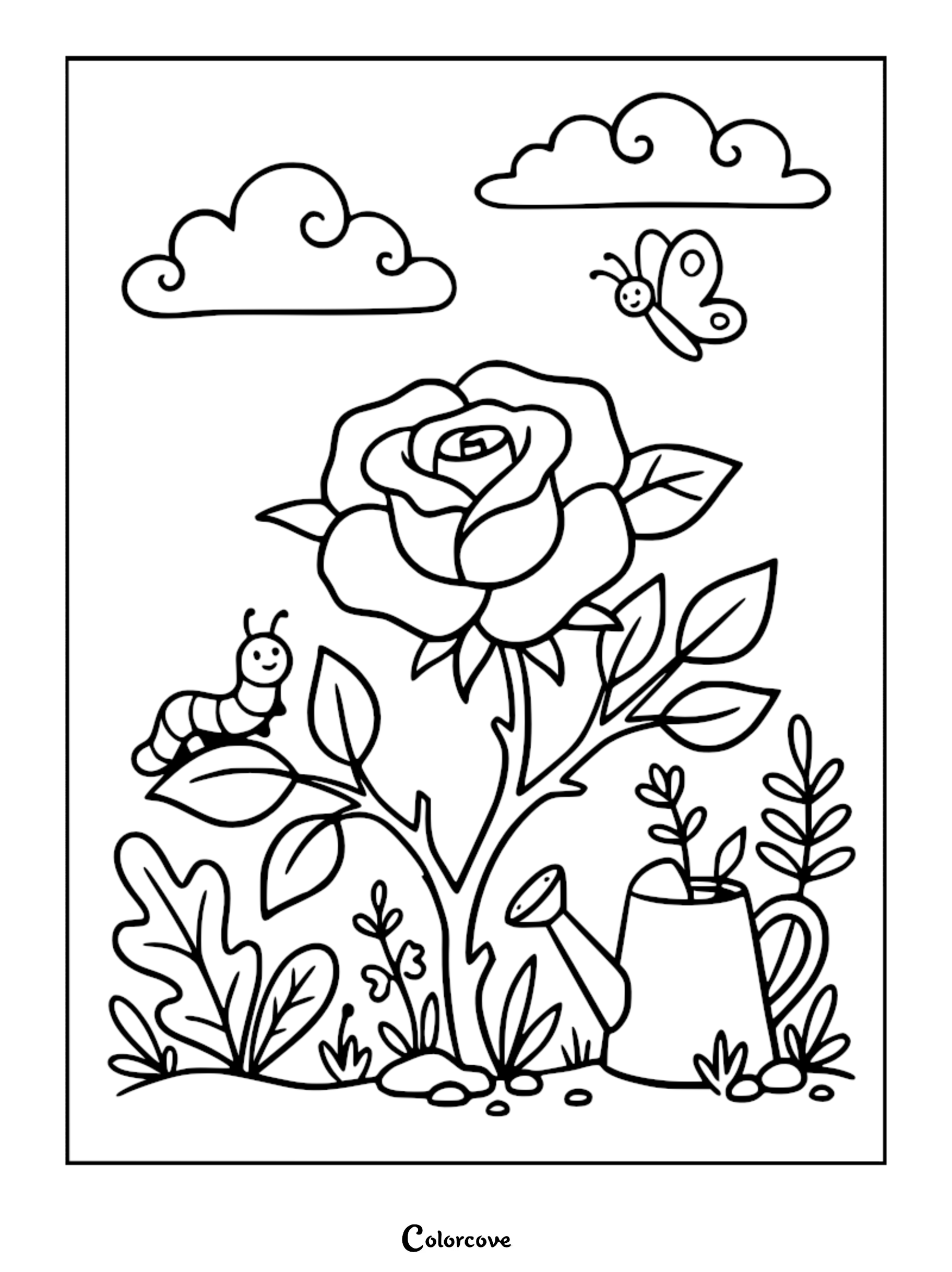 A rose garden coloring page featuring a blooming rose, a smiling caterpillar, a butterfly, and a watering can.
