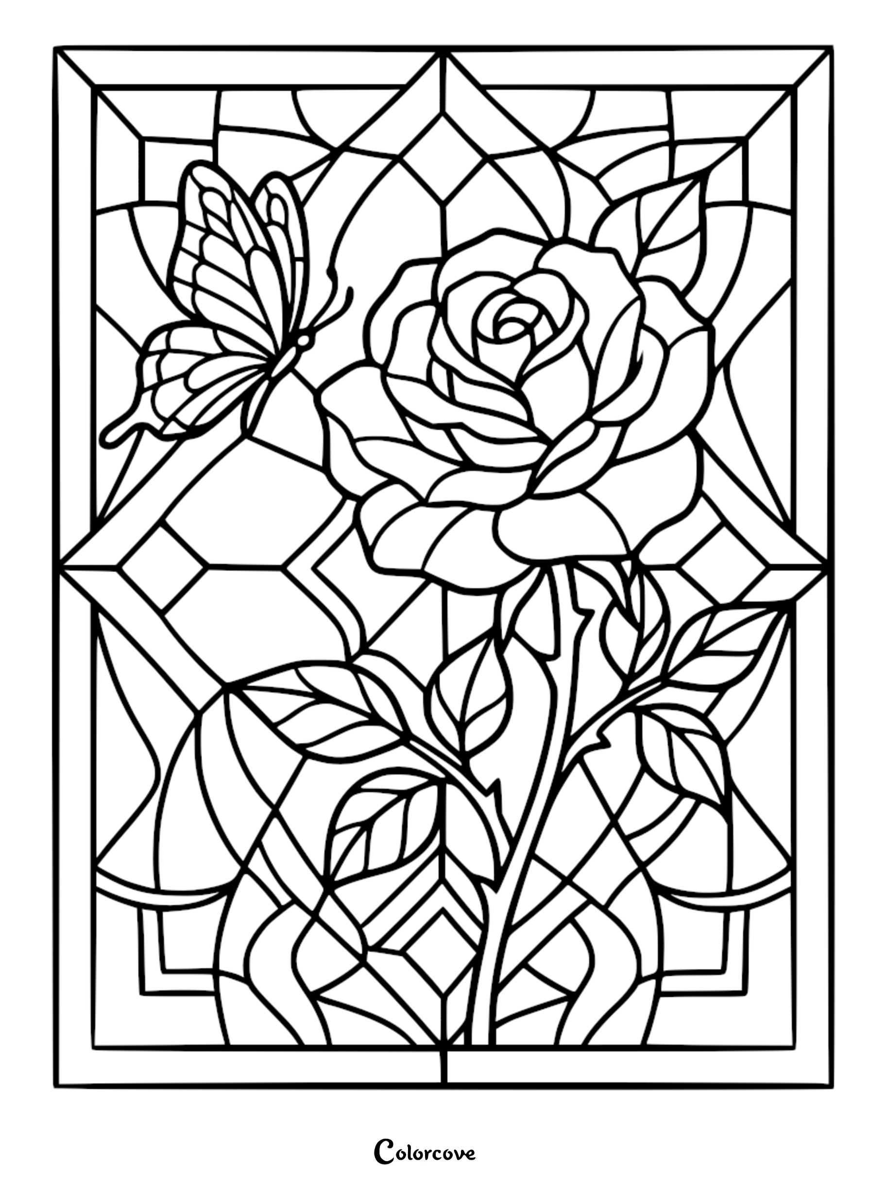 Stained glass style coloring page featuring a blooming rose and a butterfly in a geometric frame.