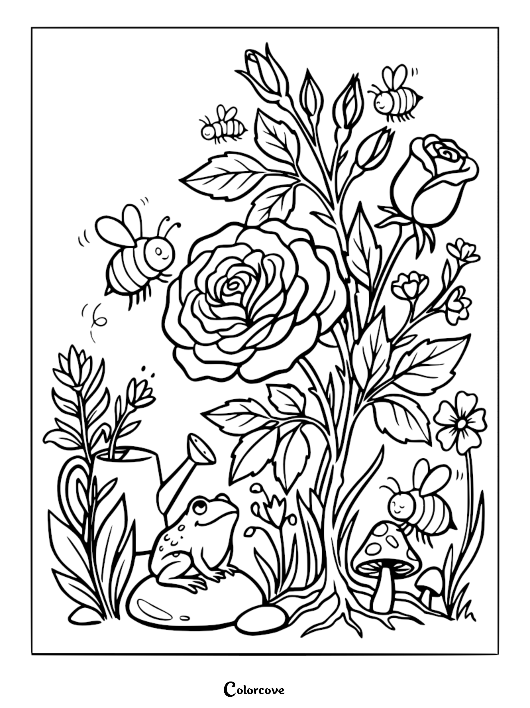 A detailed coloring page featuring a blooming rose bush, a small frog sitting on a rock near a watering can, and several friendly bees buzzing around.