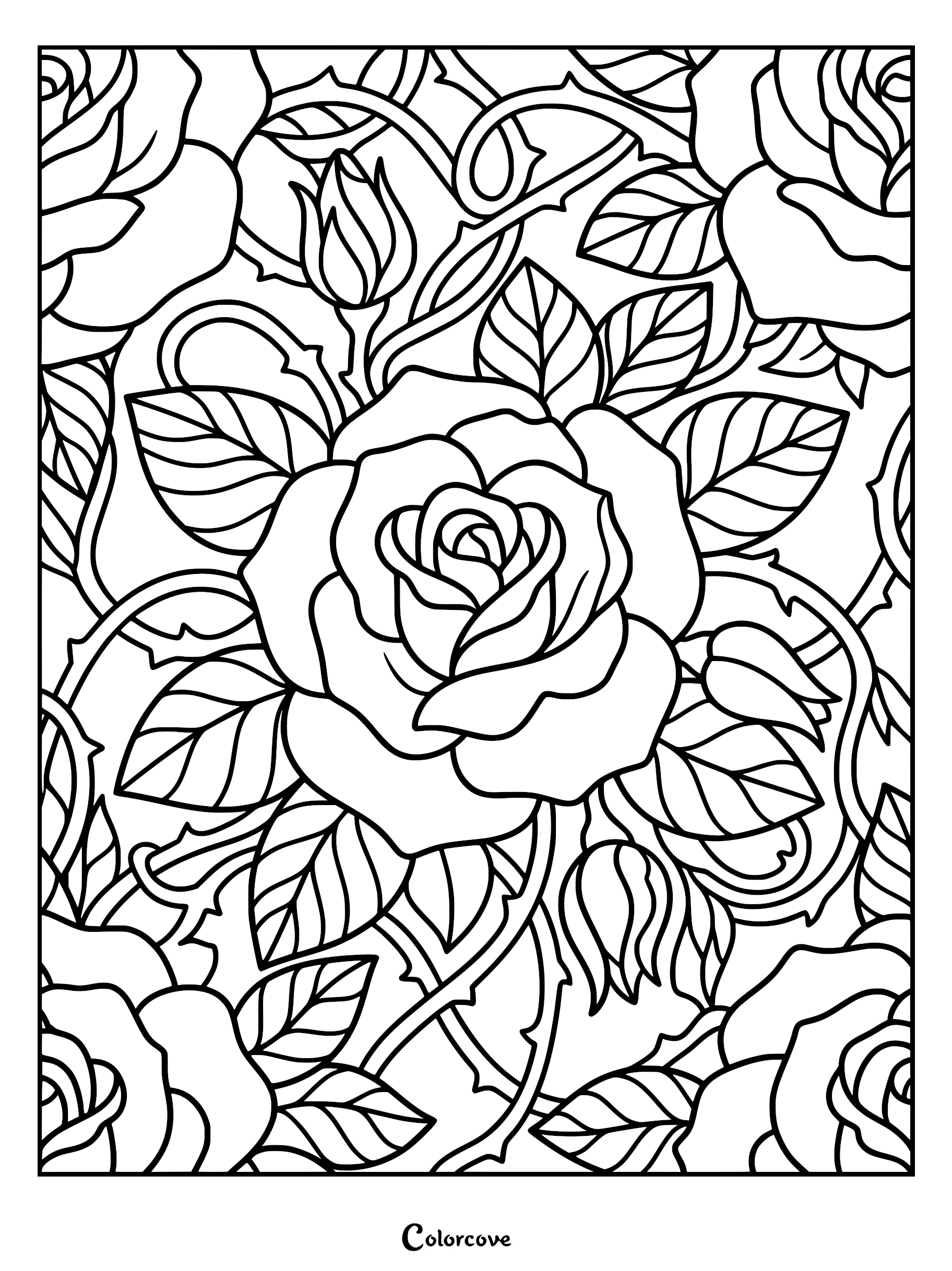 A detailed coloring page featuring a central blooming rose surrounded by thorny vines, leaves, and rosebuds.