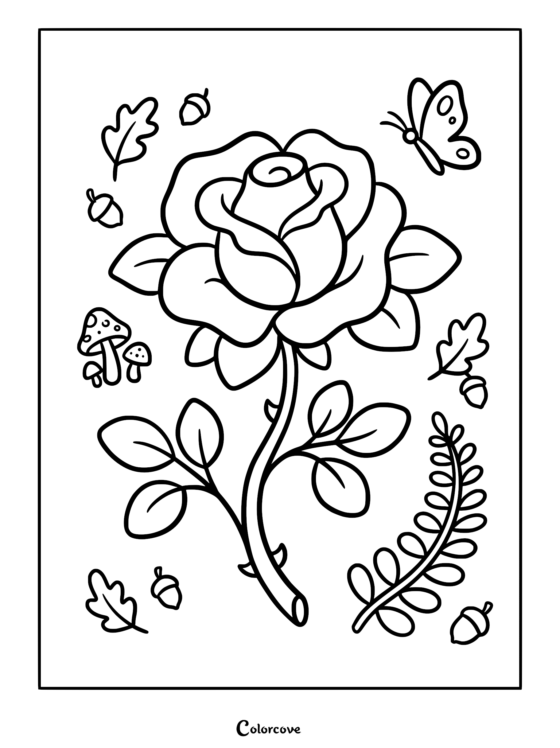 A rose coloring page featuring a central flower surrounded by mushrooms, acorns, oak leaves, and a butterfly.
