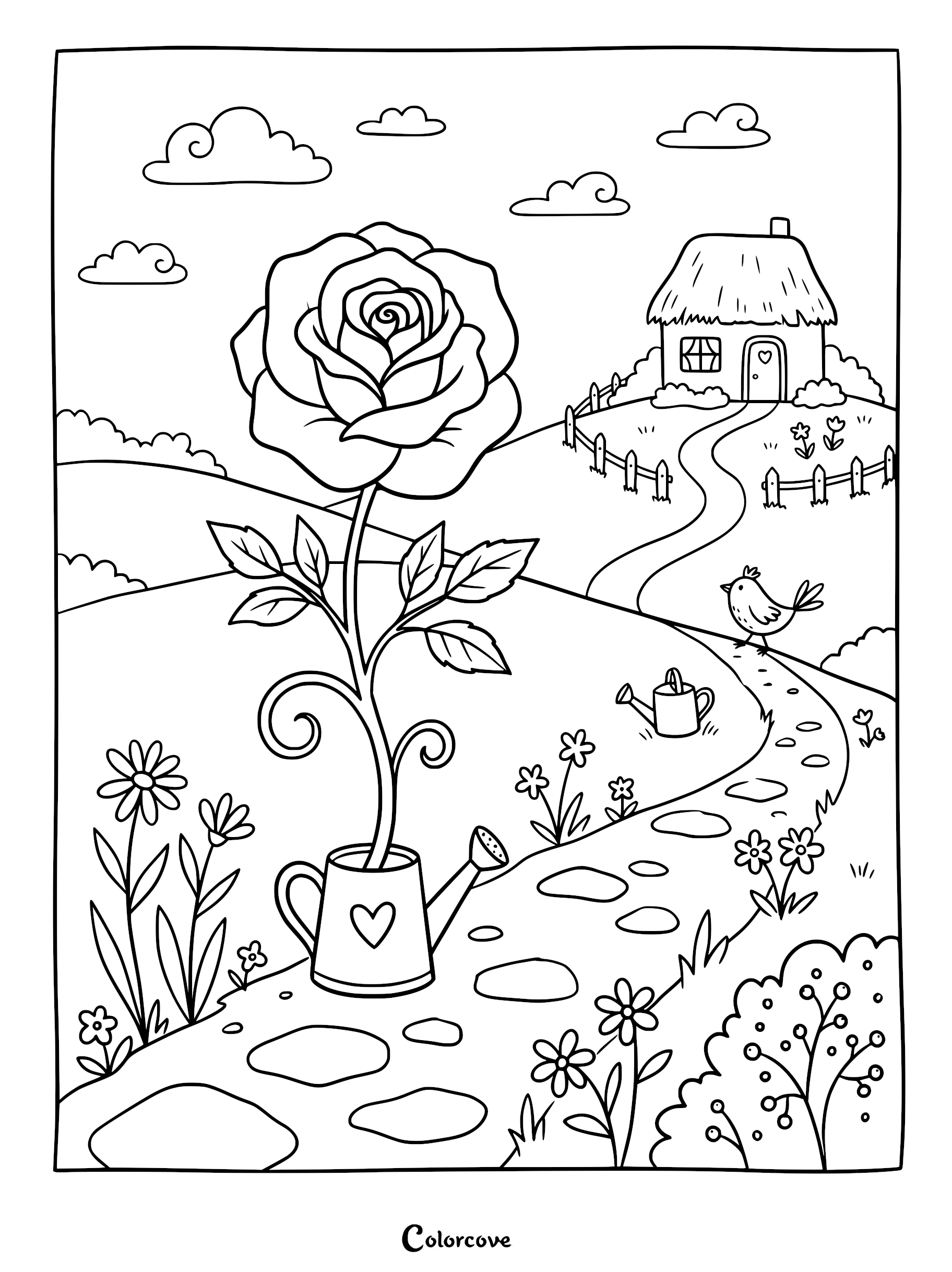 A large rose growing from a heart-decorated watering can on a garden path with a cottage in the background, a bird, and clouds in this printable coloring page.