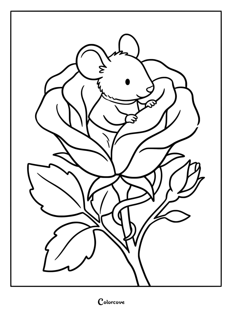 A cute mouse sitting inside the petals of a large rose, coloring page style line art.