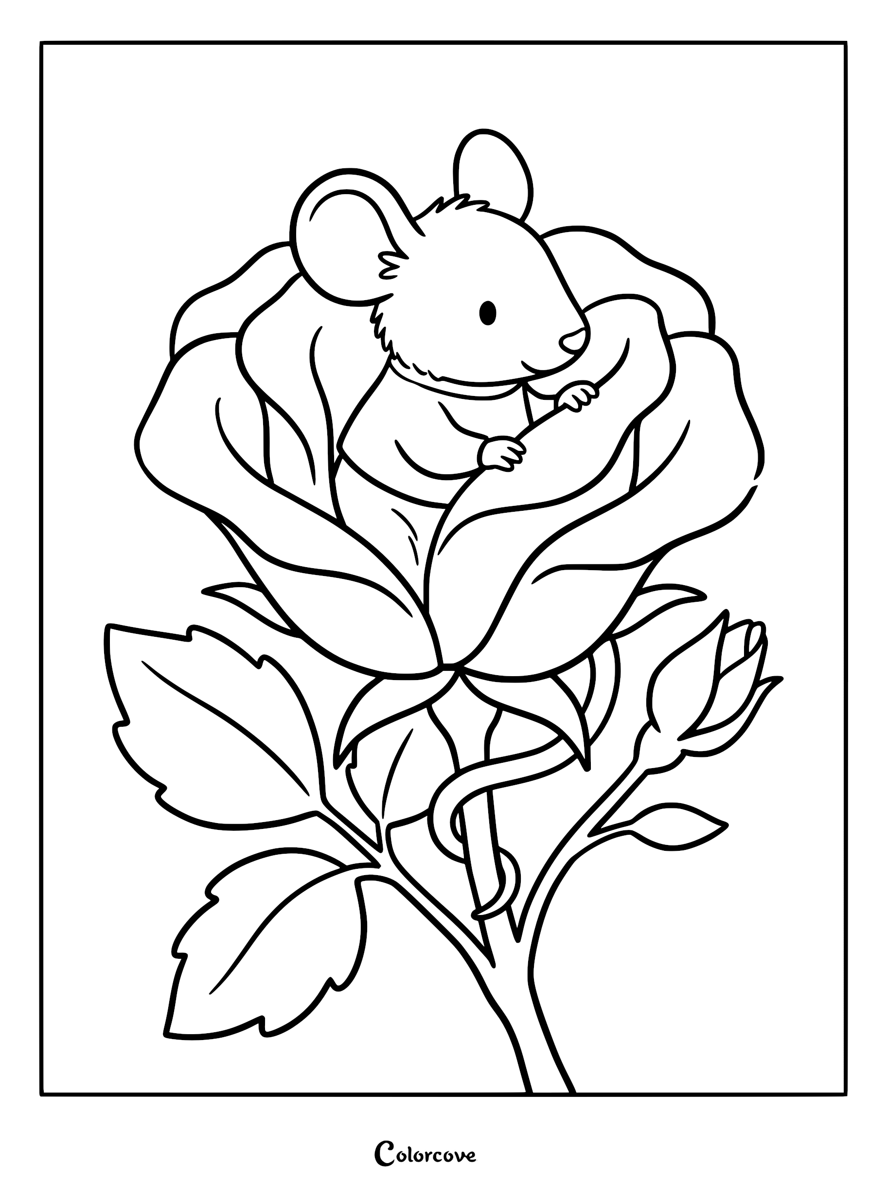 A cute mouse sitting inside the petals of a large rose, coloring page style line art.