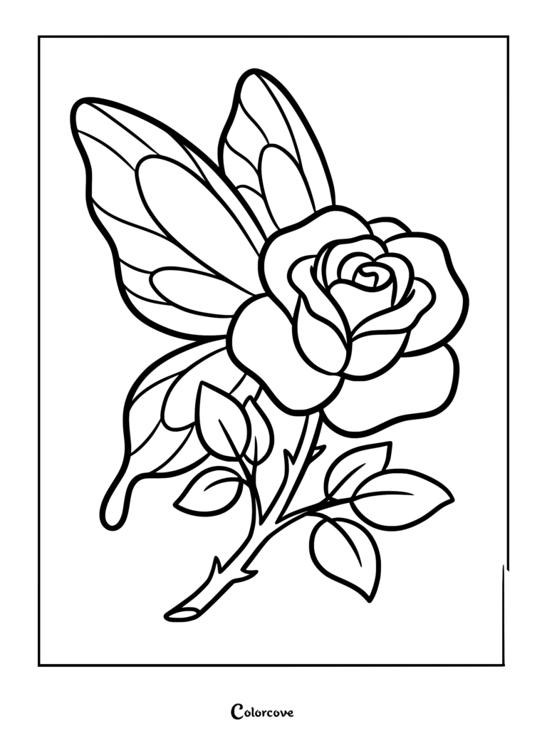 A black and white coloring page featuring a blooming rose flower with delicate butterfly-like fairy wings attached to its stem.