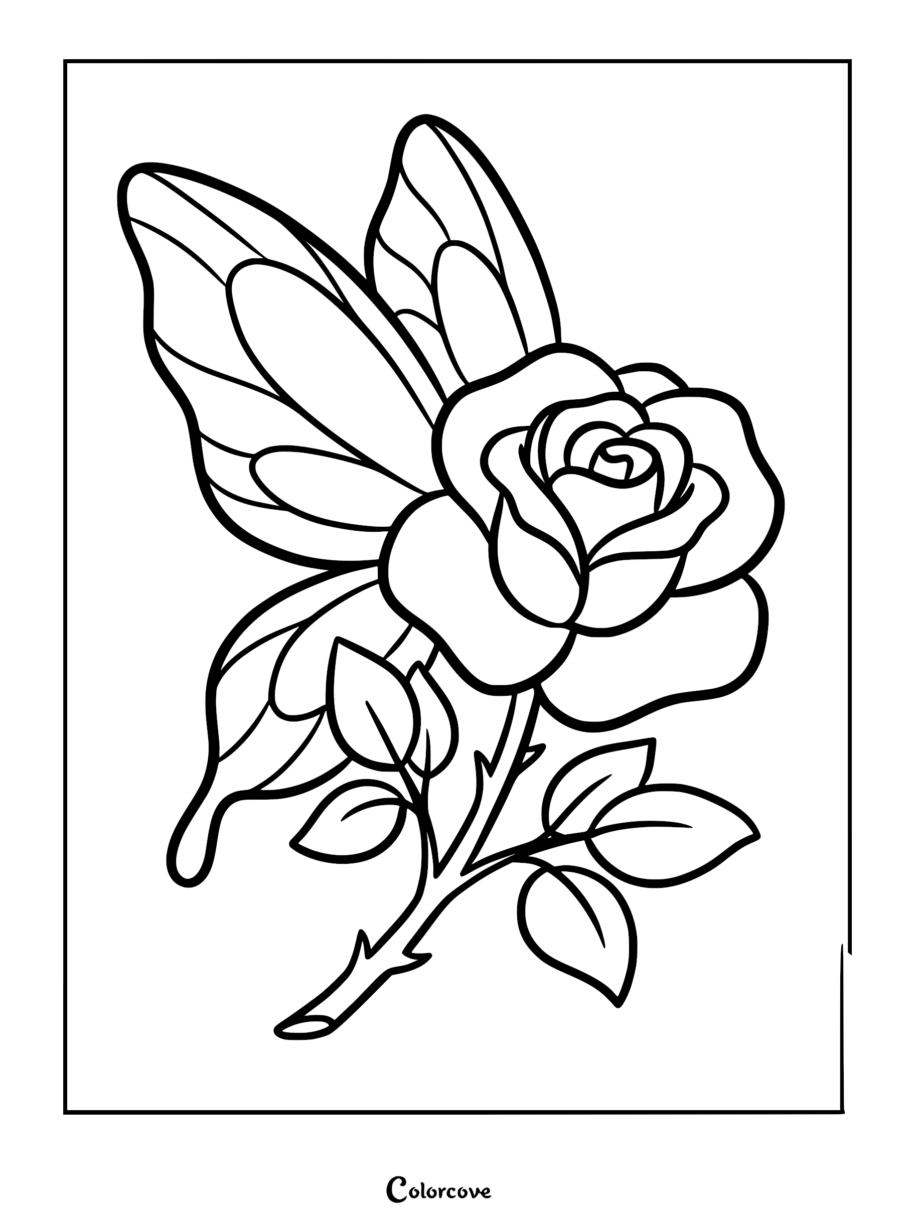 A black and white coloring page featuring a blooming rose flower with delicate butterfly-like fairy wings attached to its stem.