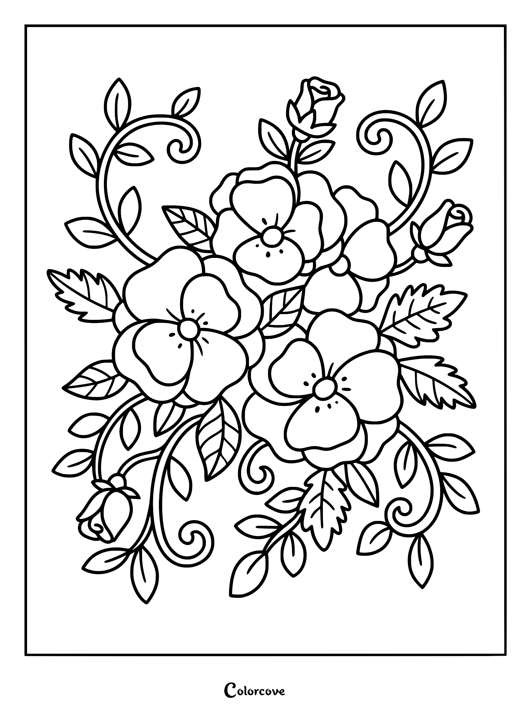 A black and white coloring page featuring a bouquet of pansies and rose buds with swirling leafy vines.