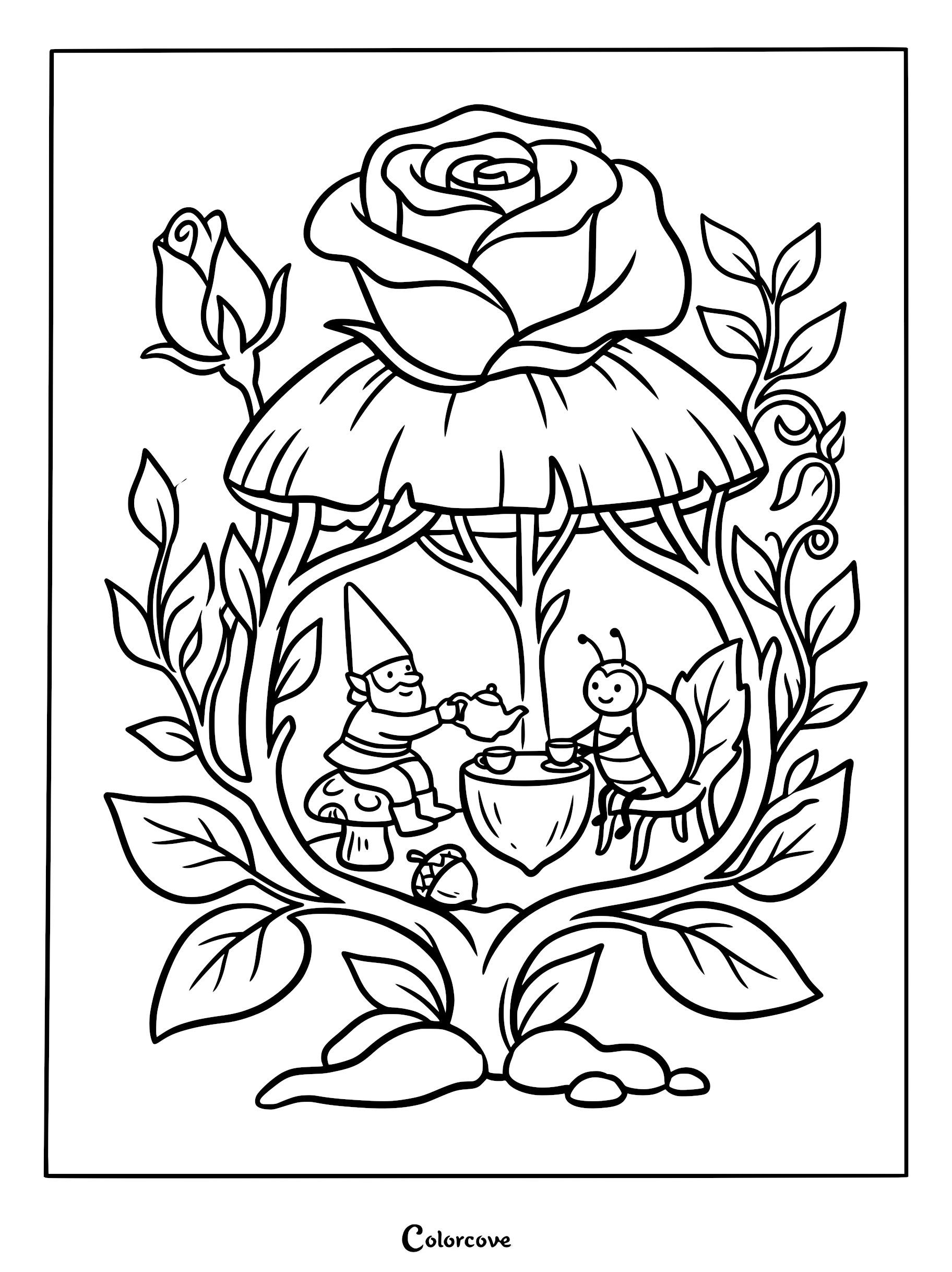 A gnome and a beetle having tea under a large rose flower coloring page with leaves and an acorn.