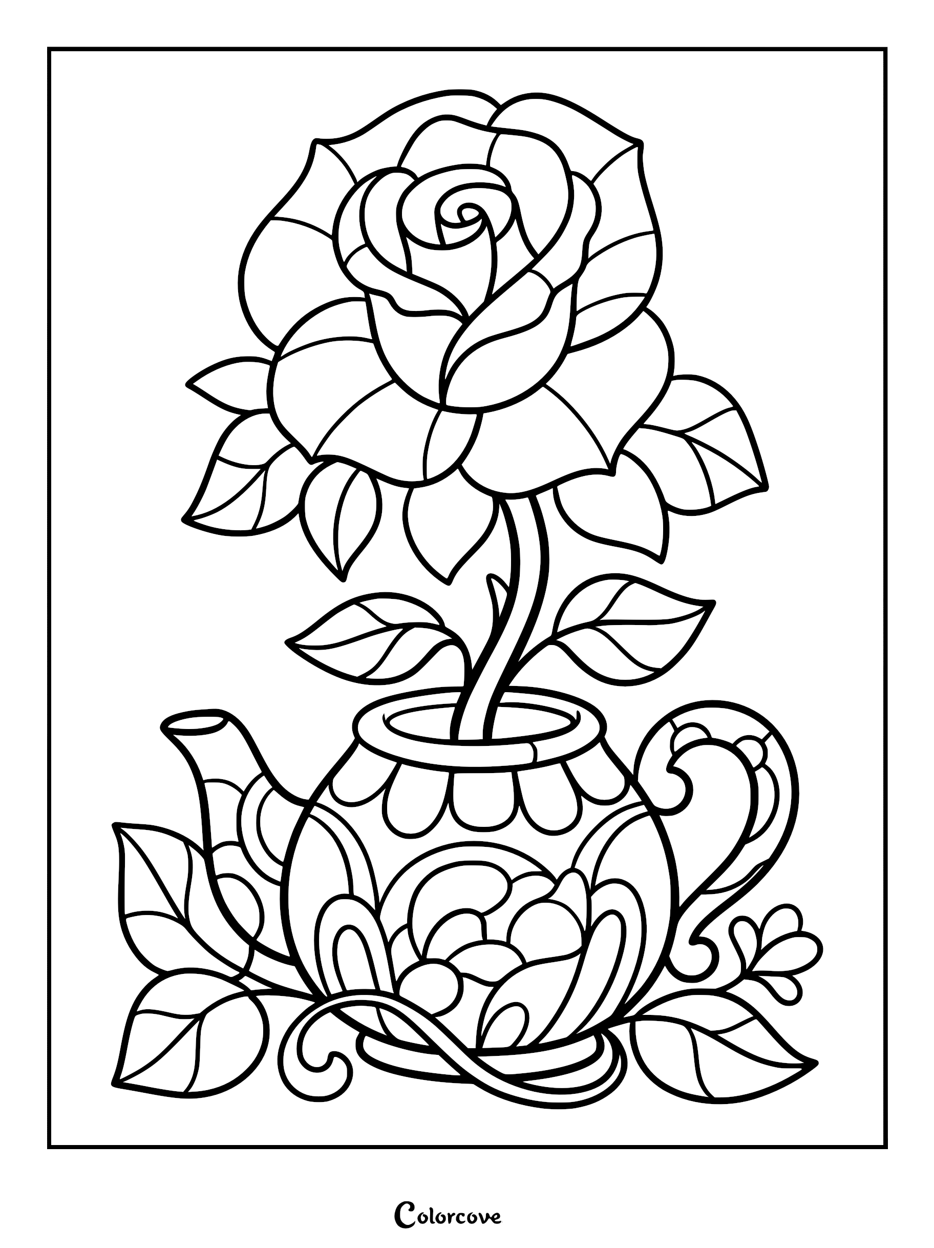 A detailed coloring page featuring a single large rose blooming from a decorative, patterned teapot surrounded by leaves.