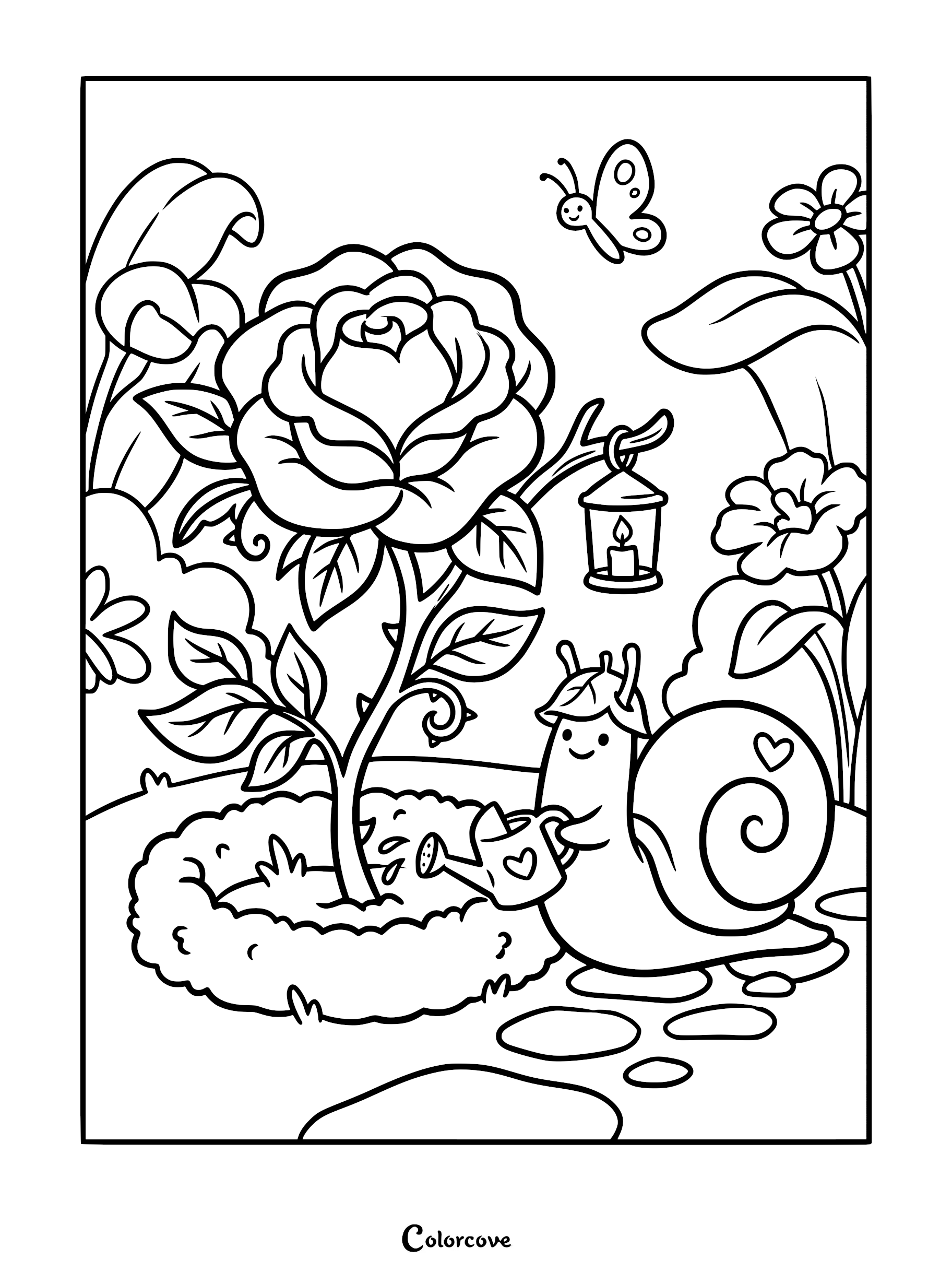 A cute snail wearing a leaf hat waters a large rose with a heart-patterned watering can, with a butterfly and hanging lantern nearby in this coloring page.
